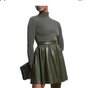 Alice + Olivia Chara Vegan Leather Mini Dress in Olive Green, Size 4 Alice + Olivia Chara Vegan Leather Mini Dress in Olive Green, Size 4